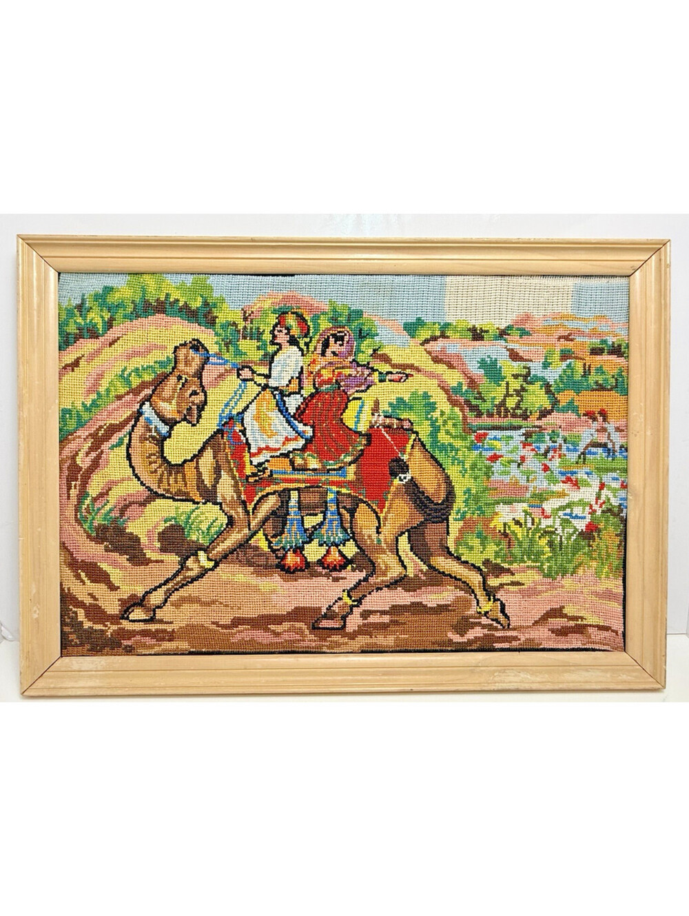 Vtg Vibrant Handmade Stitched Middle Eastern Textile Camel Landscape 24.5"L